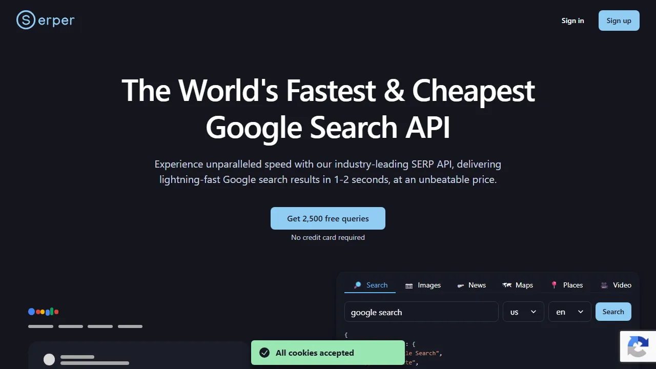Serper homepage, search AI tool