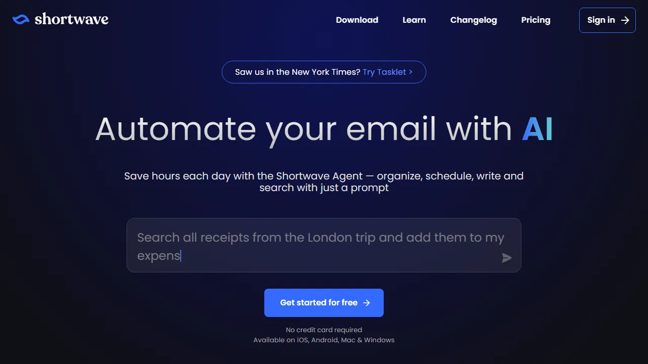 Shortwave homepage, productivity AI tool