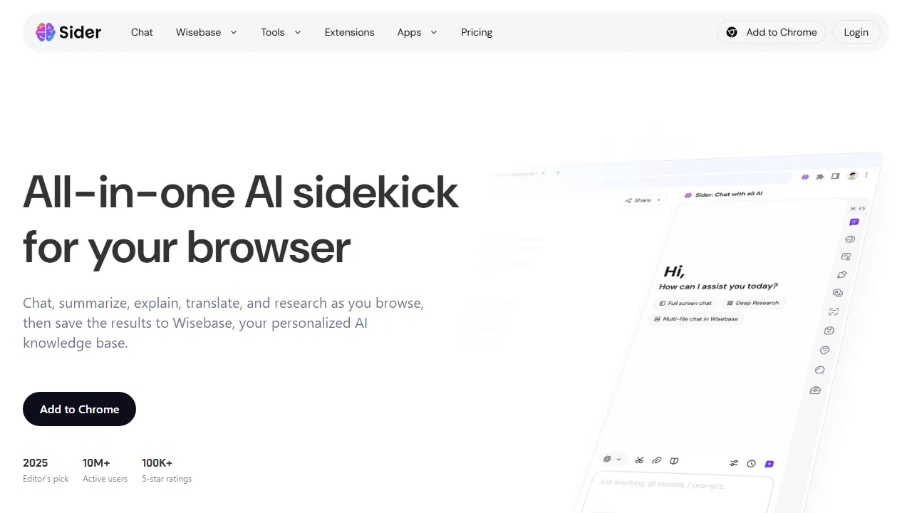 Sider homepage, chat & models AI tool