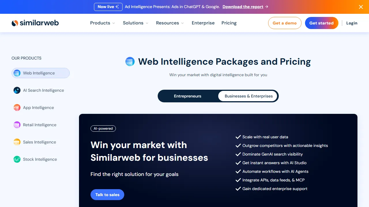 SimilarWeb pricing page: plans and rates