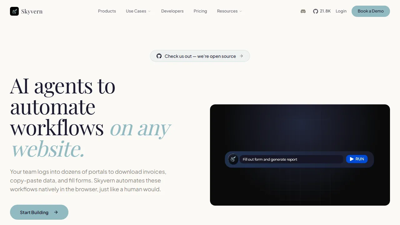Skyvern homepage, ai agents AI tool