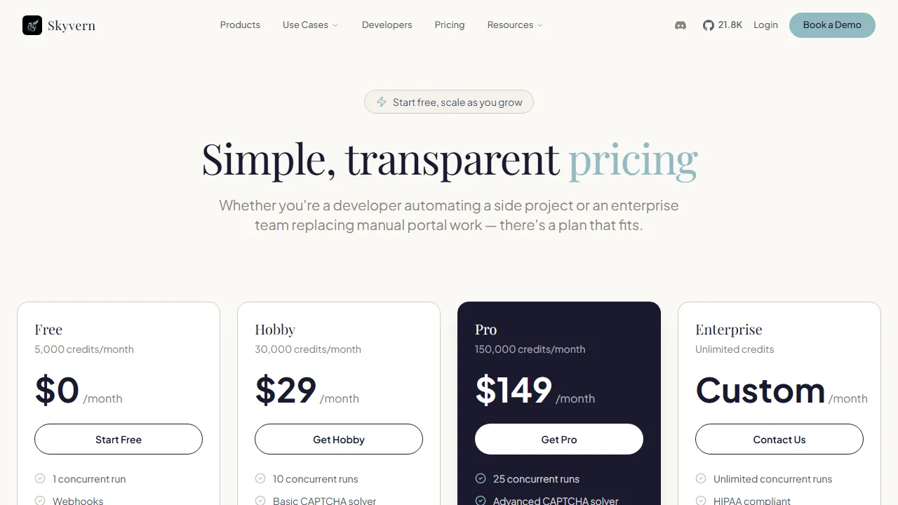 Skyvern pricing page: plans and rates
