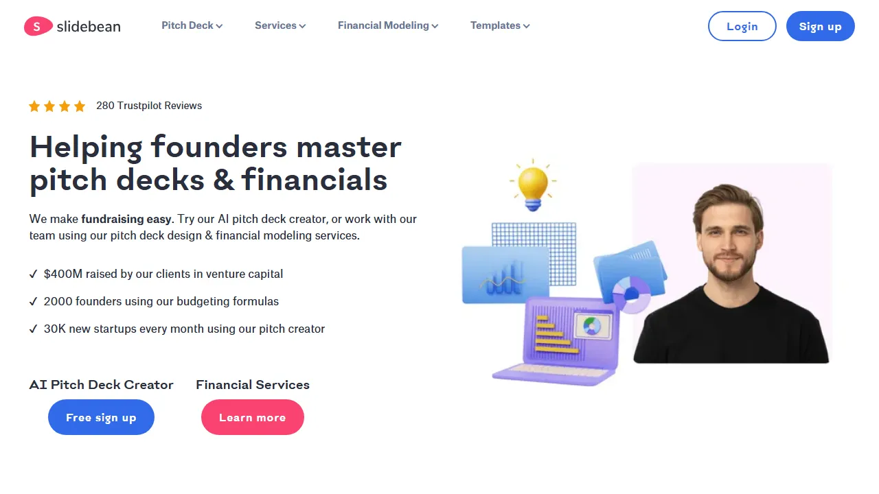 Slidebean homepage, presentation AI tool