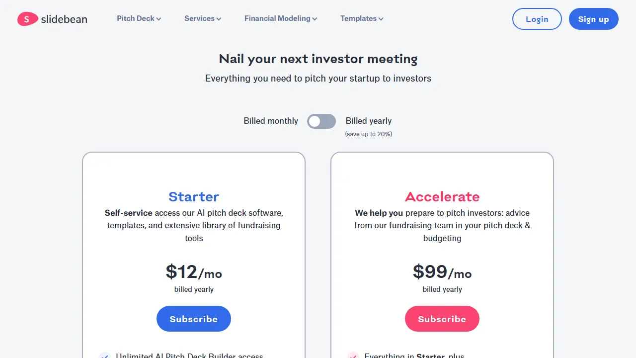 Slidebean pricing page: plans and rates