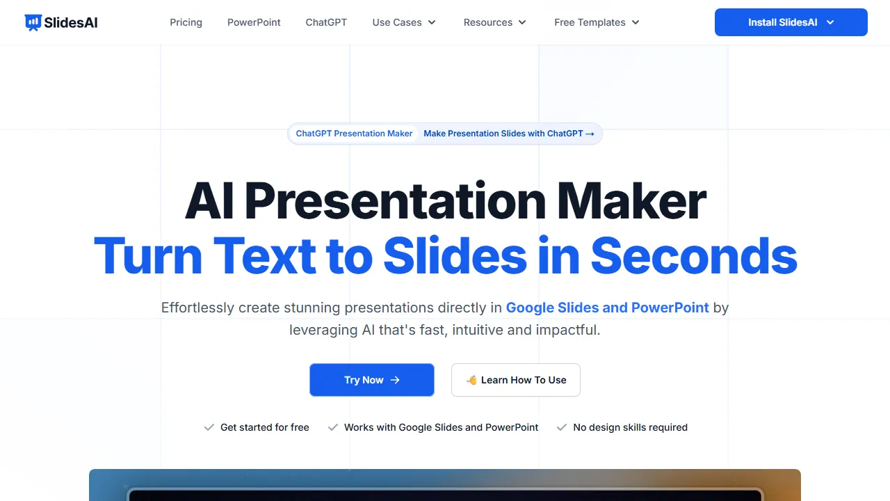 SlidesAI homepage, presentation AI tool