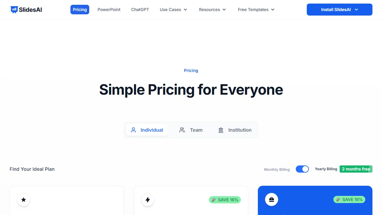 SlidesAI pricing page: plans and rates