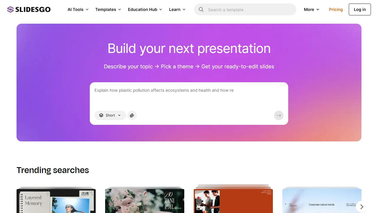 Slidesgo AI homepage, presentation AI tool