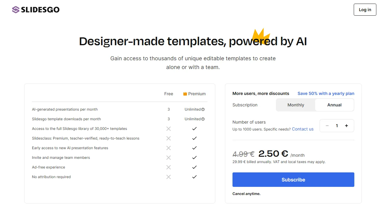 Slidesgo AI pricing page: plans and rates