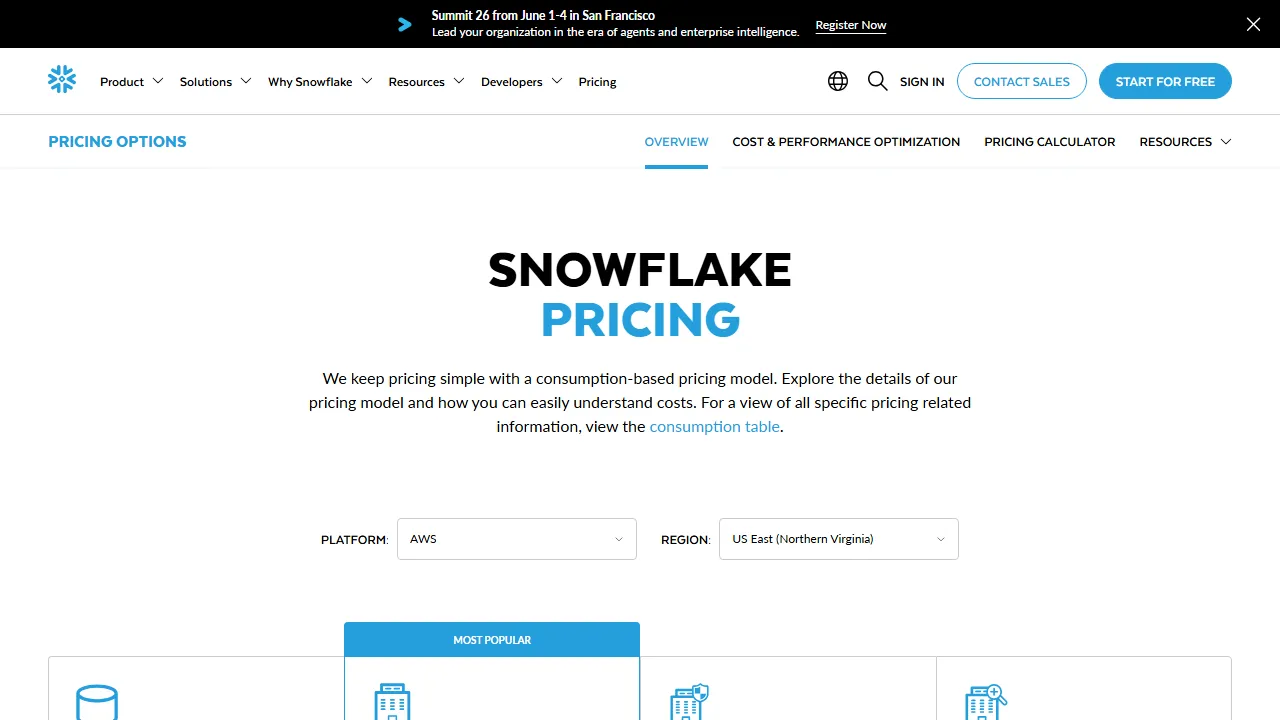 Snowflake Cortex pricing page: plans and rates