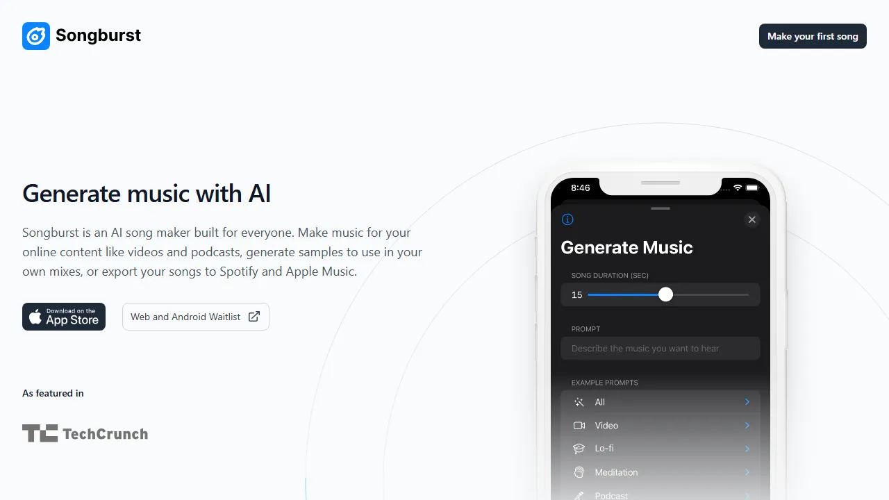 Songburst homepage, music AI tool