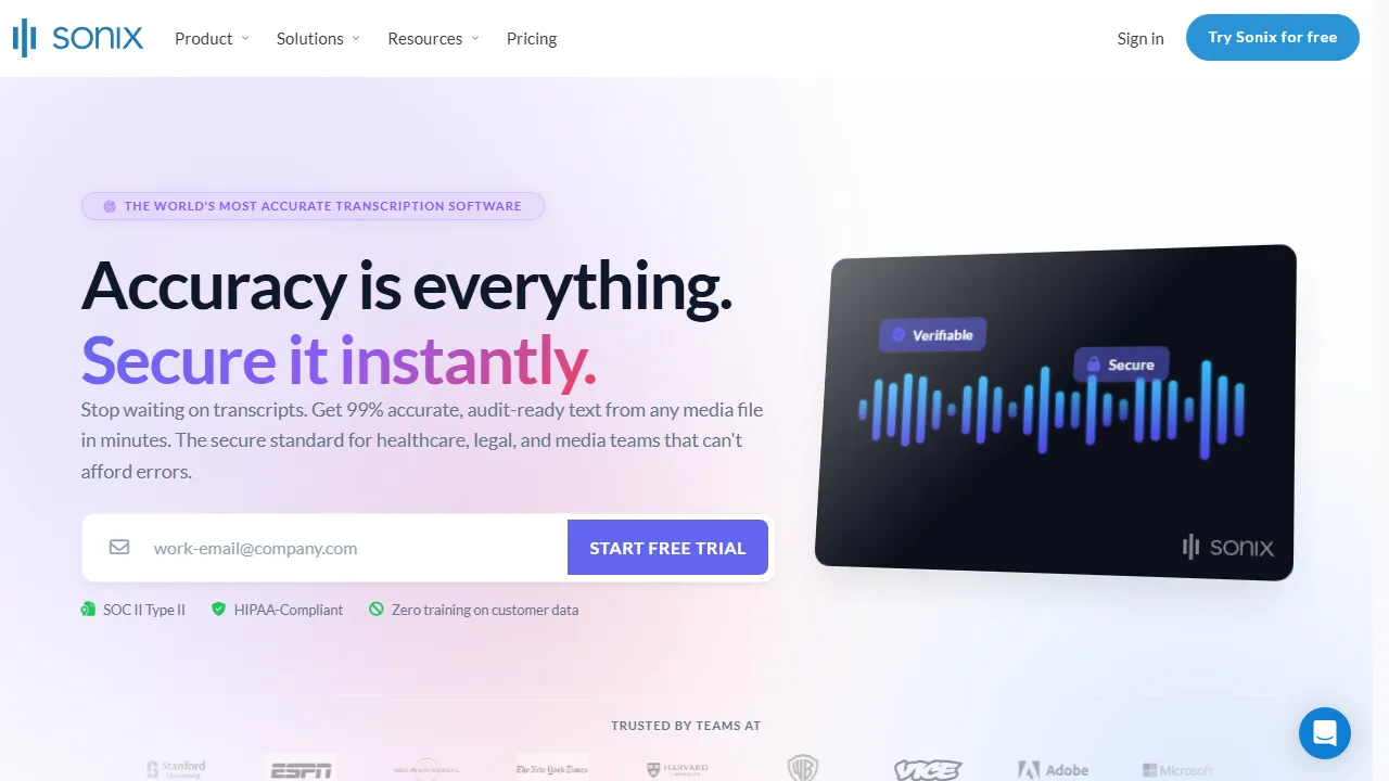 Sonix homepage, transcription & meetings AI tool