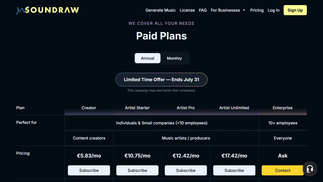 Soundraw pricing page: plans and rates