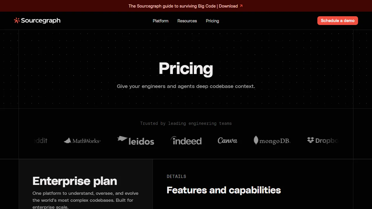 Sourcegraph Cody pricing page: plans and rates