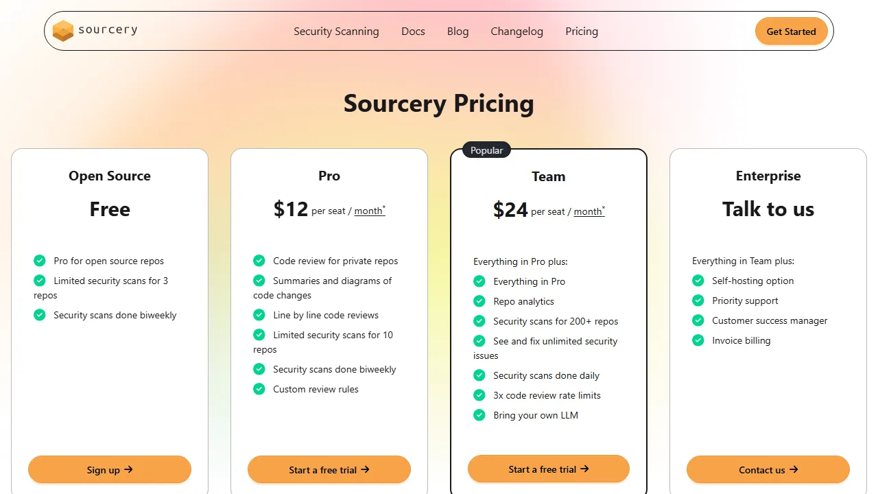 Sourcery pricing page: plans and rates