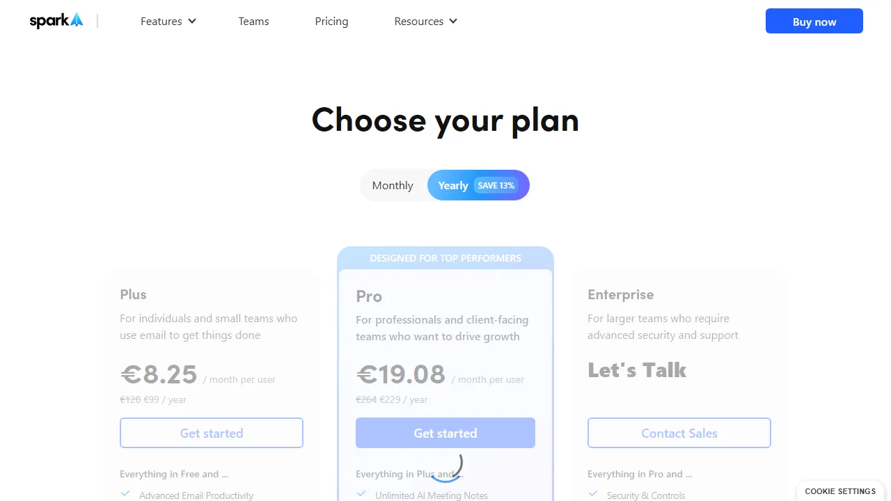 Spark Email pricing page: plans and rates