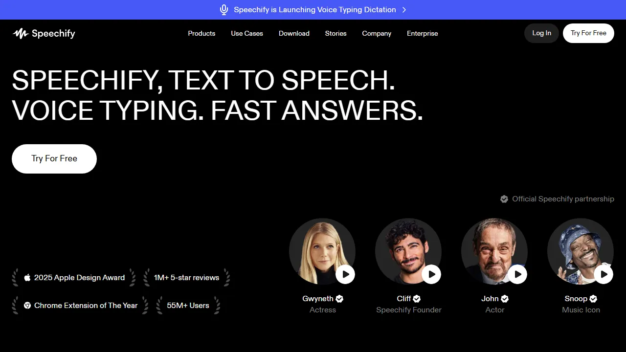 Speechify homepage, voice & audio AI tool