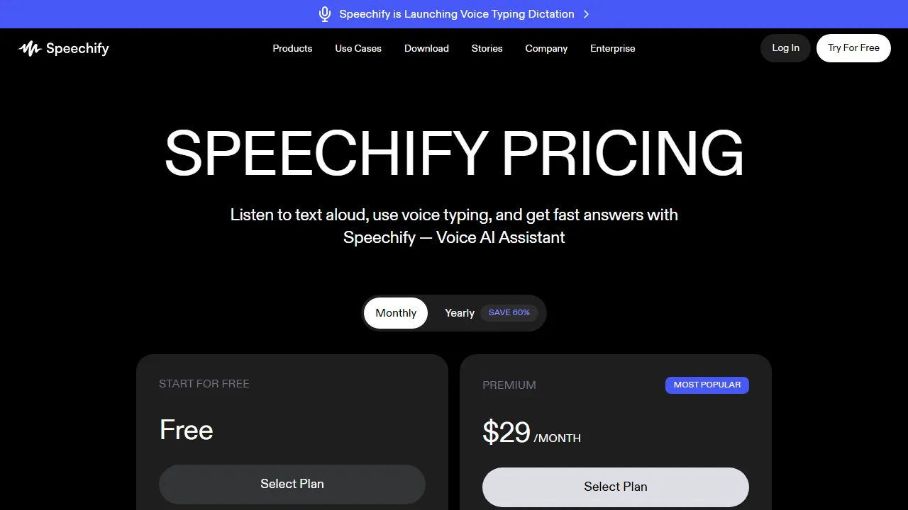 Speechify pricing page: plans and rates