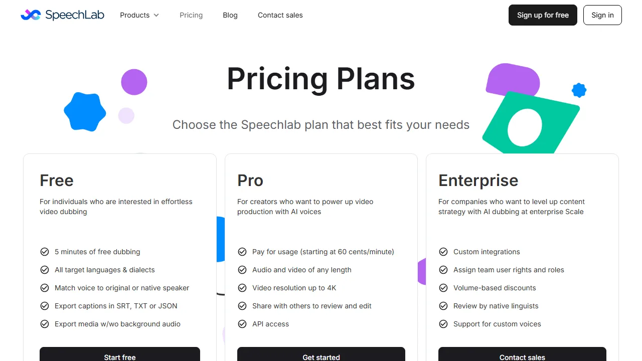 Speechlab pricing page: plans and rates
