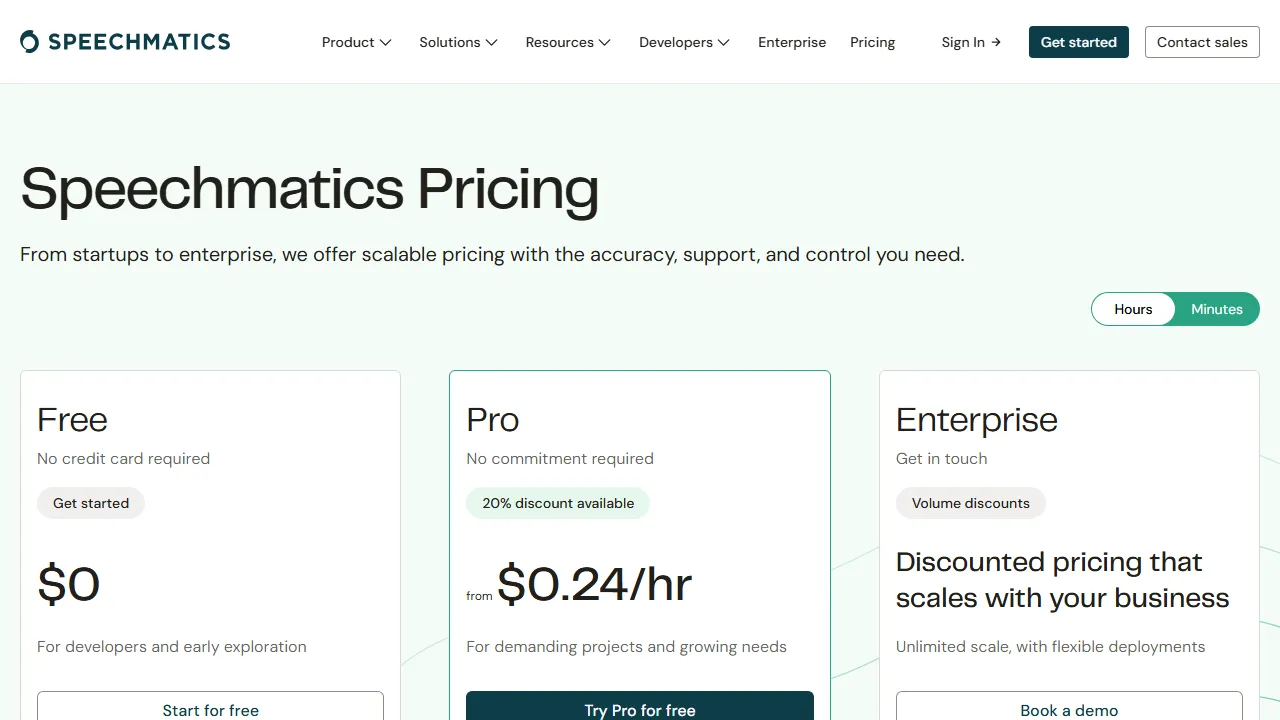 Speechmatics pricing page: plans and rates