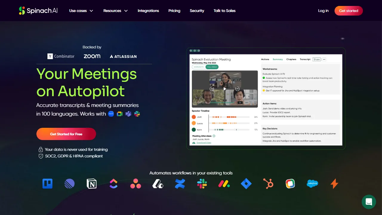 Spinach homepage, transcription & meetings AI tool