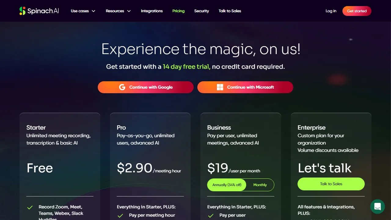 Spinach pricing page: plans and rates