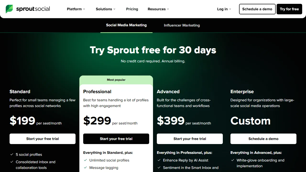 Sprout Social AI pricing page: plans and rates