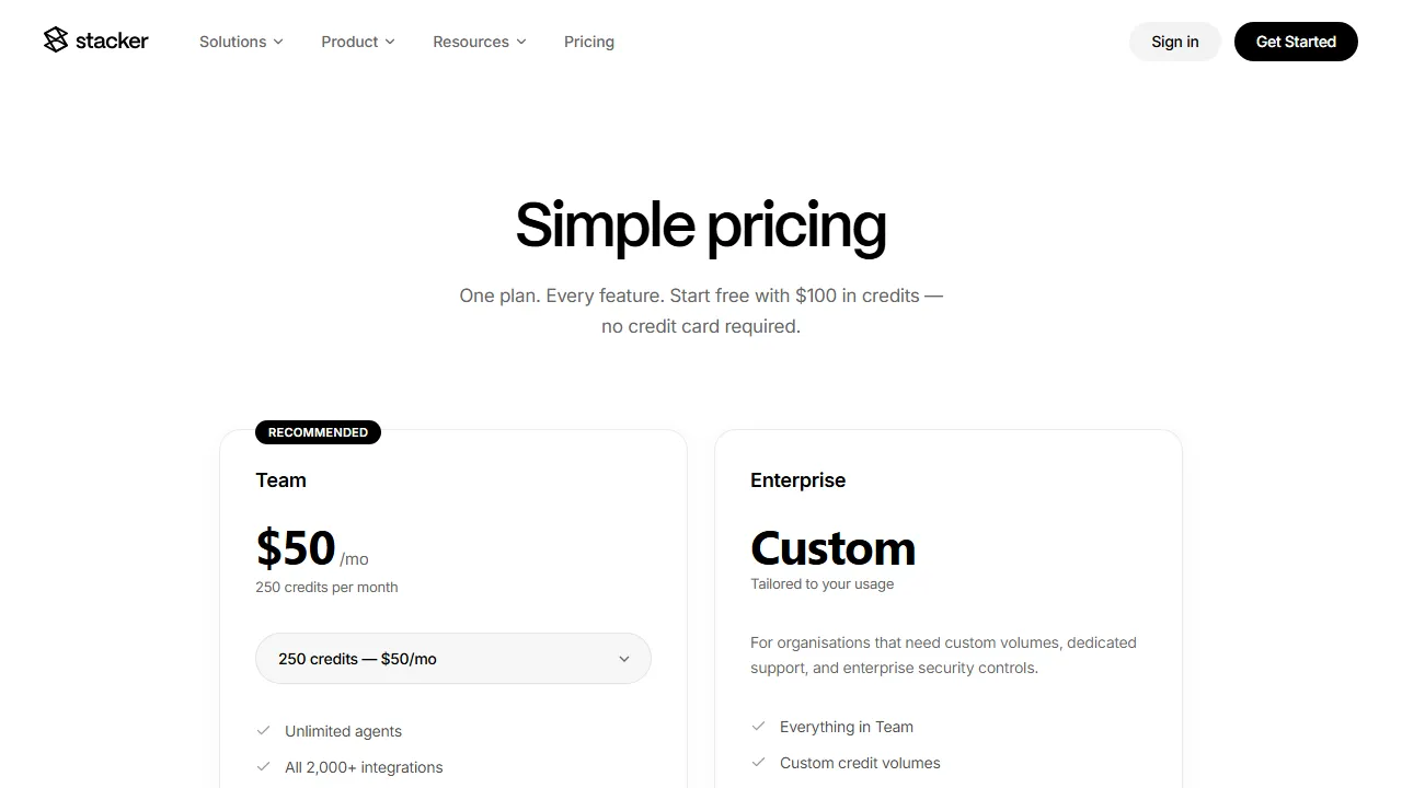 Stacker pricing page: plans and rates