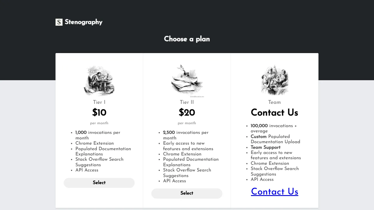 Stenography pricing page: plans and rates