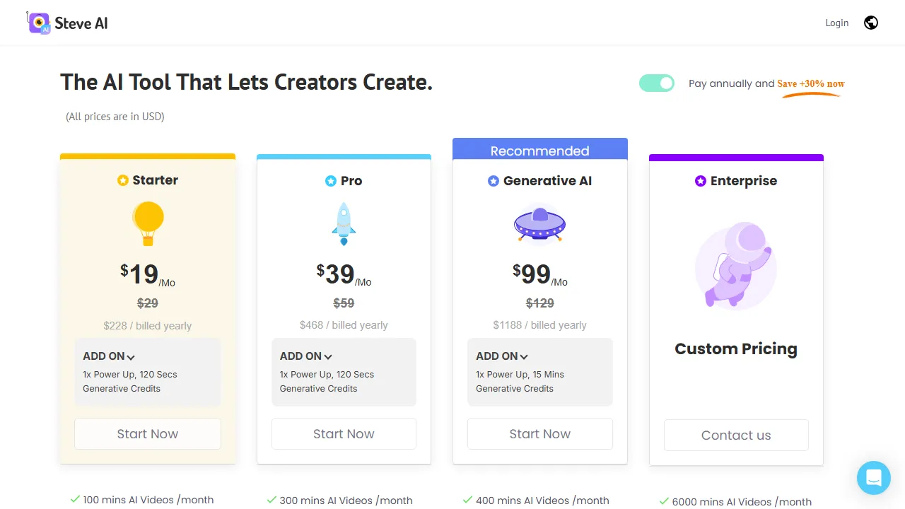 Steve AI pricing page: plans and rates