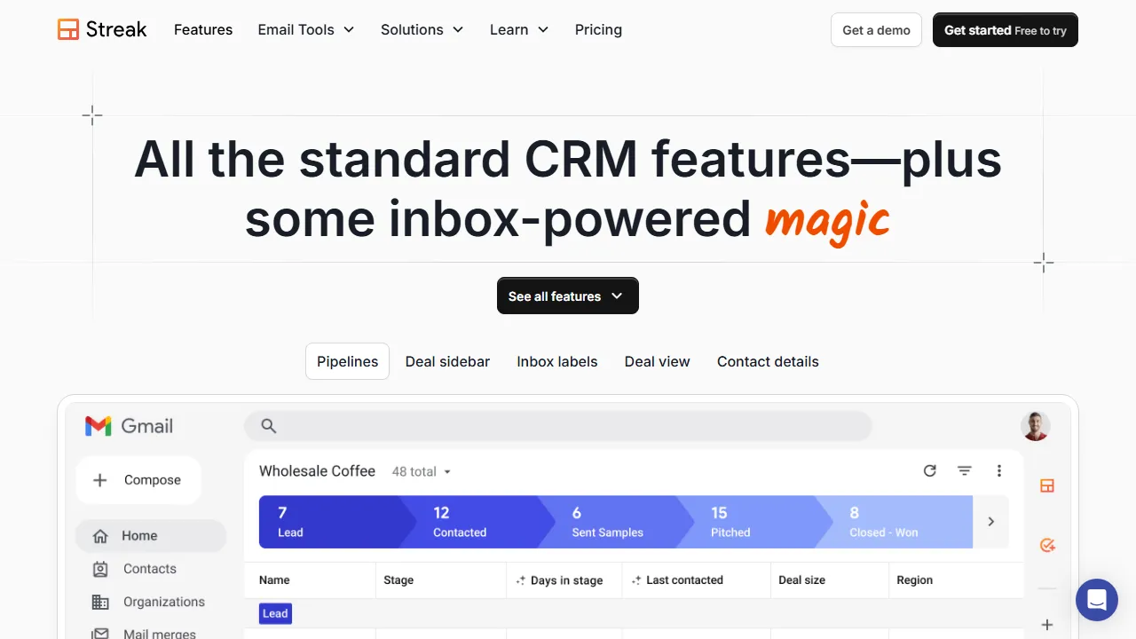 Streak features, customer support & sales AI tool