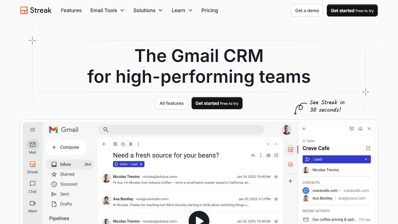 Streak homepage, customer support & sales AI tool