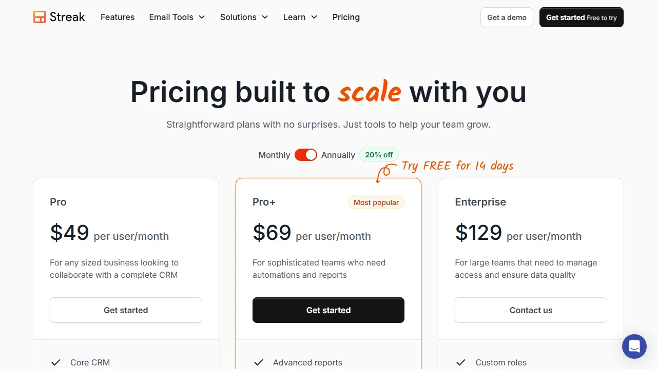 Streak pricing page: plans and rates