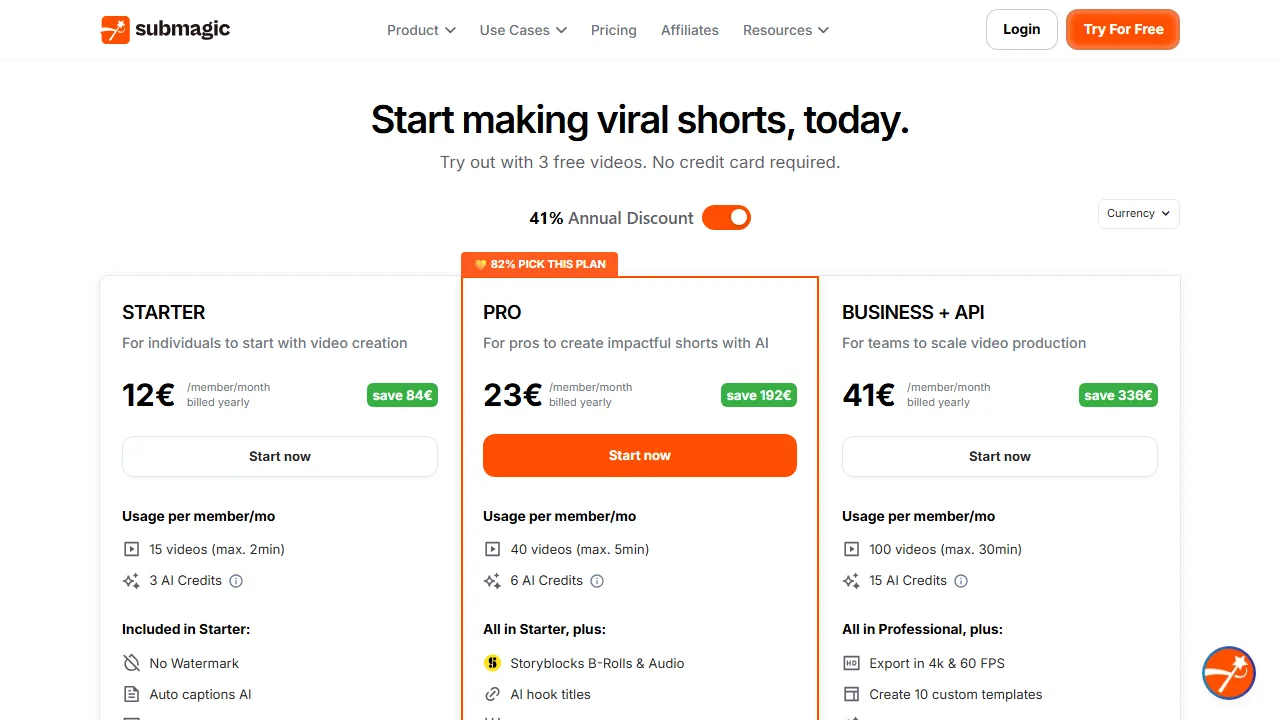 Submagic pricing page: plans and rates