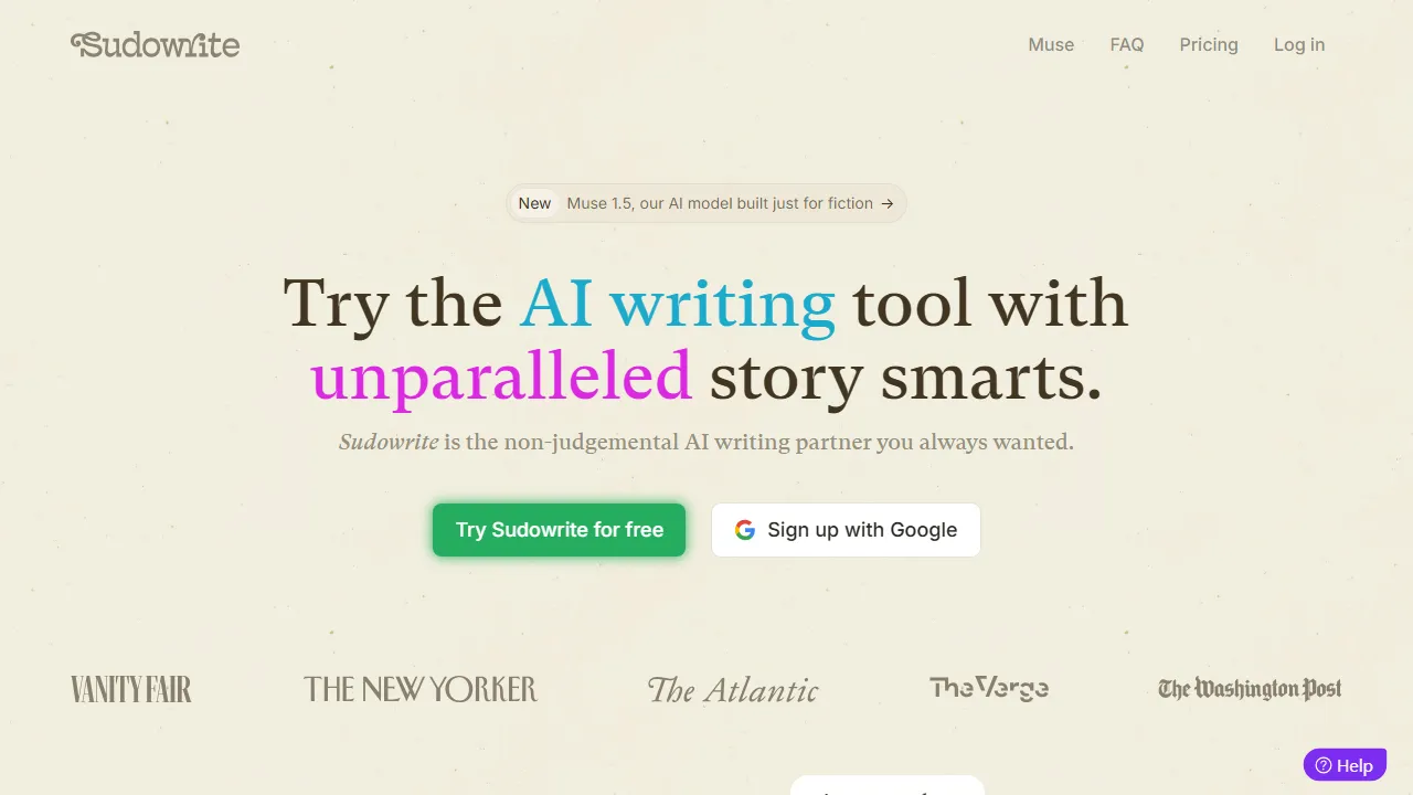 Sudowrite homepage, writing AI tool