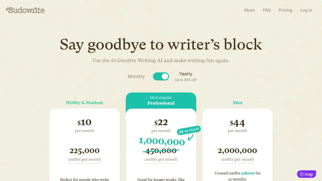 Sudowrite pricing page: plans and rates