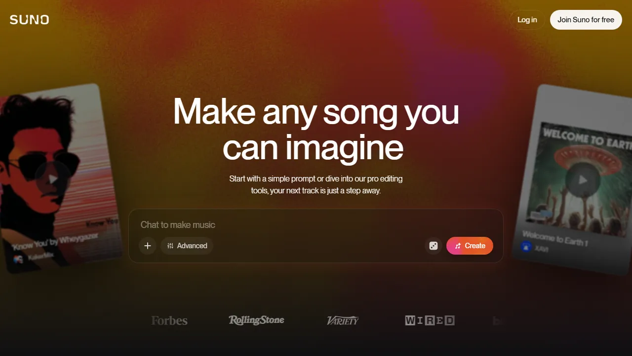 Suno homepage, voice & audio AI tool