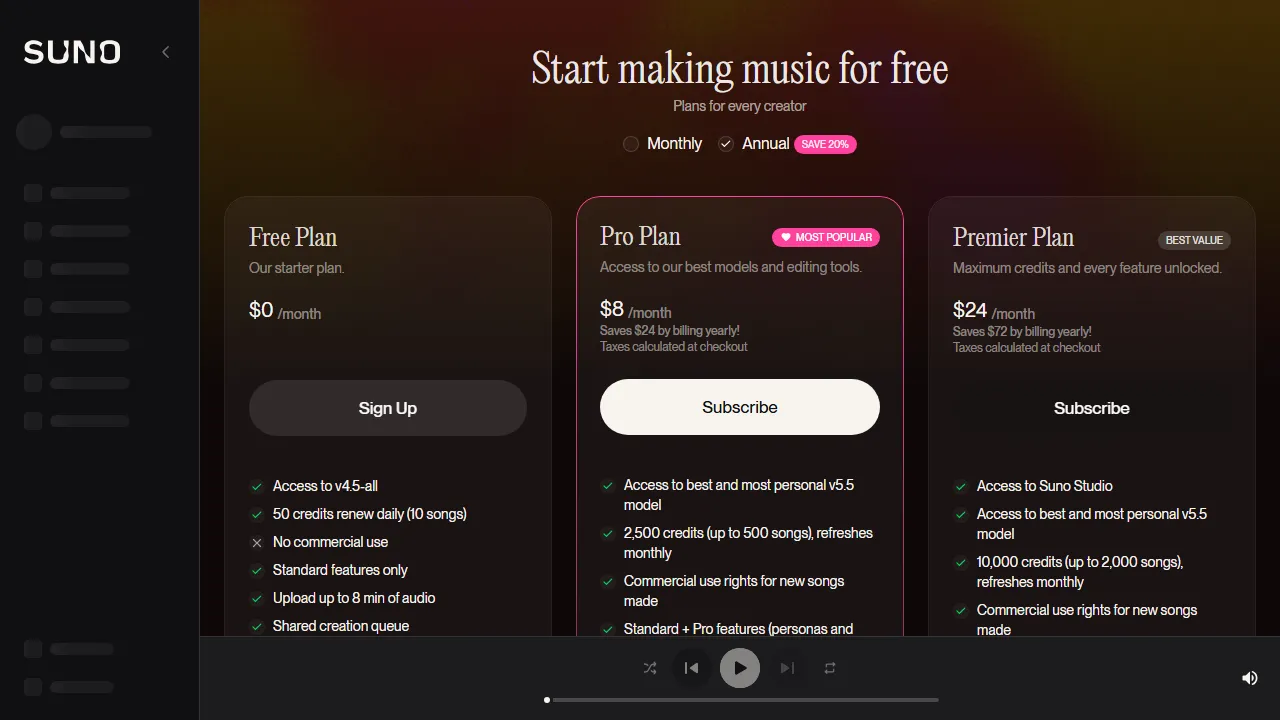 Suno pricing page: plans and rates