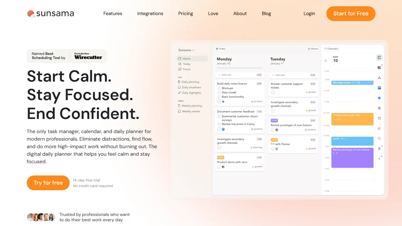 Sunsama homepage, productivity AI tool