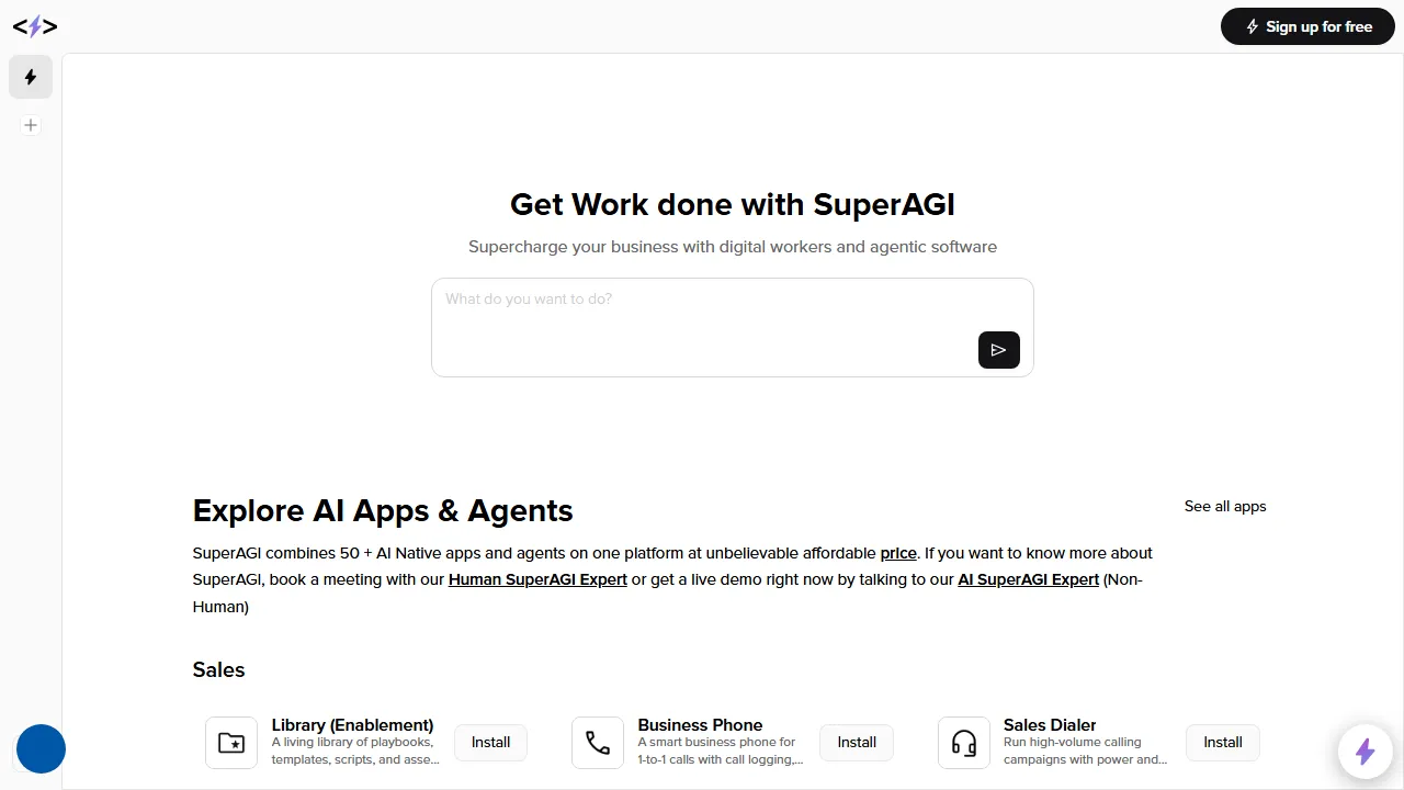 SuperAGI homepage, ai agents AI tool