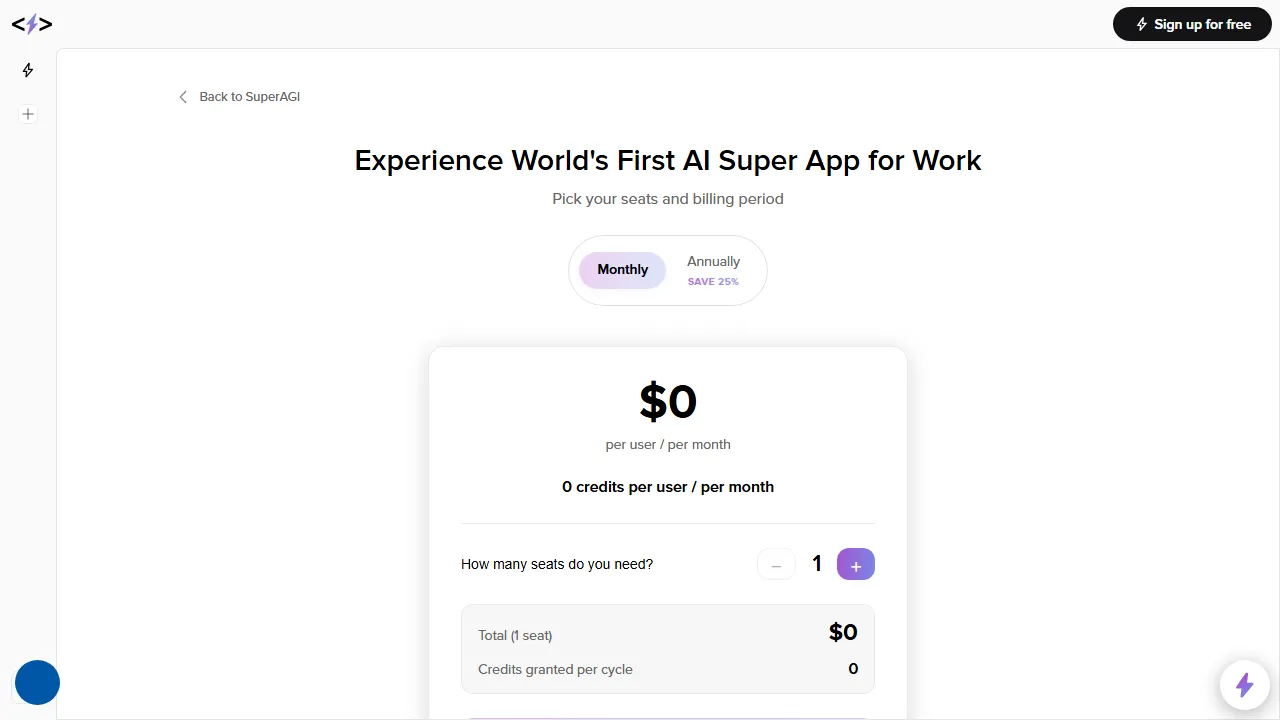 SuperAGI pricing page: plans and rates