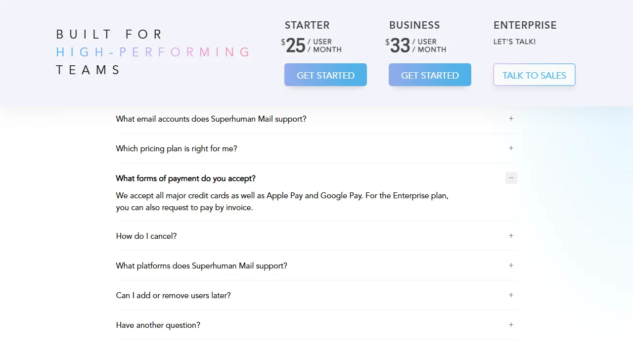 Superhuman pricing page: plans and rates