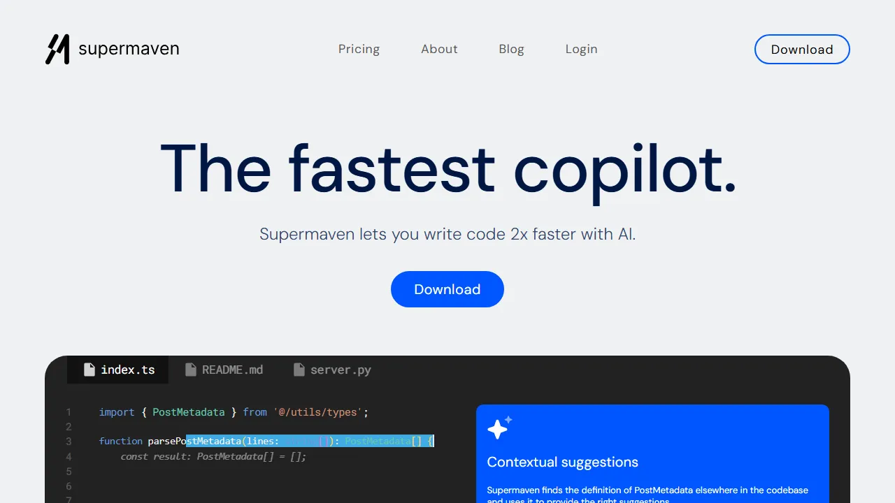 Supermaven homepage, code AI tool