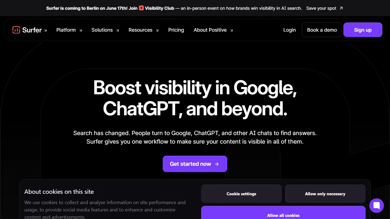 Surfer SEO homepage, marketing & seo AI tool