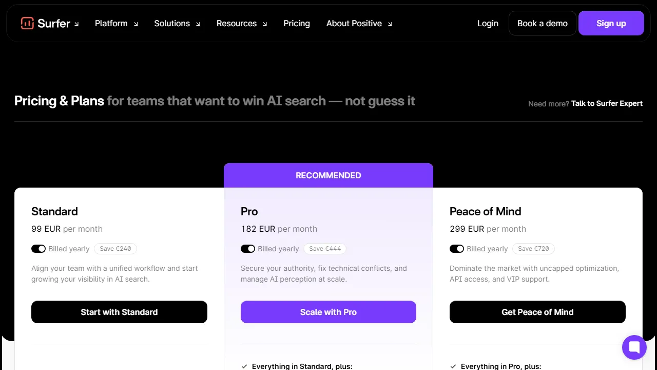 Surfer SEO pricing page: plans and rates