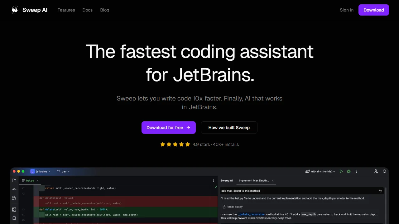 Sweep features, code AI tool