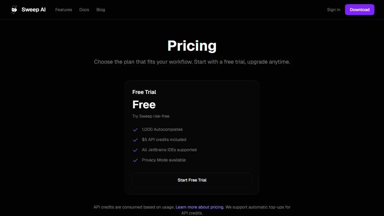 Sweep pricing page: plans and rates