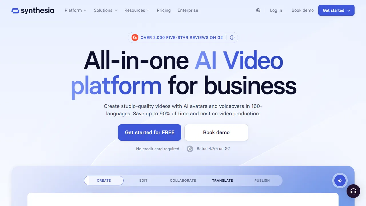 Synthesia homepage, video AI tool