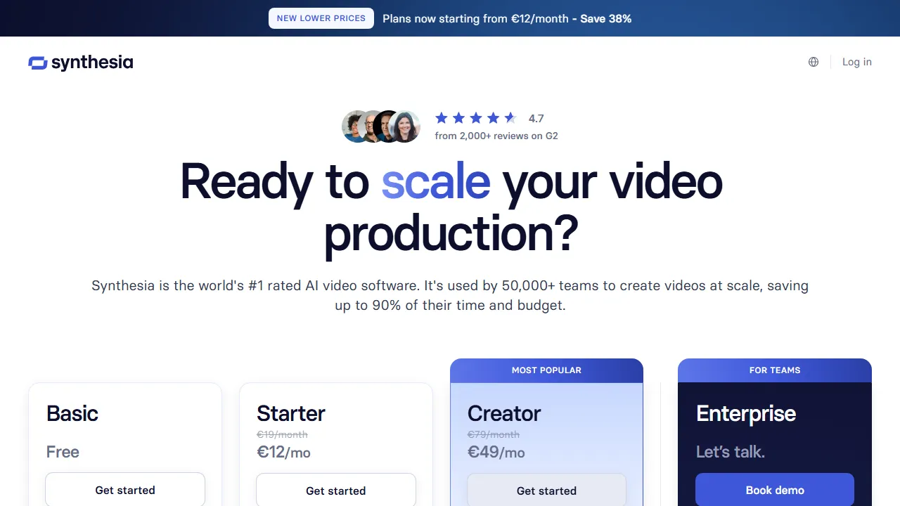 Synthesia pricing page: plans and rates