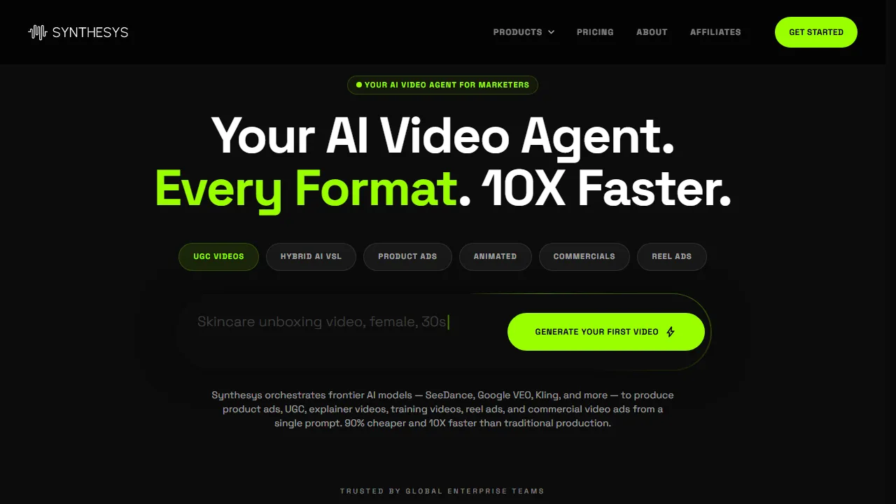 Synthesys homepage, video AI tool