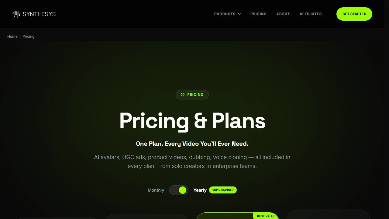 Synthesys pricing page: plans and rates